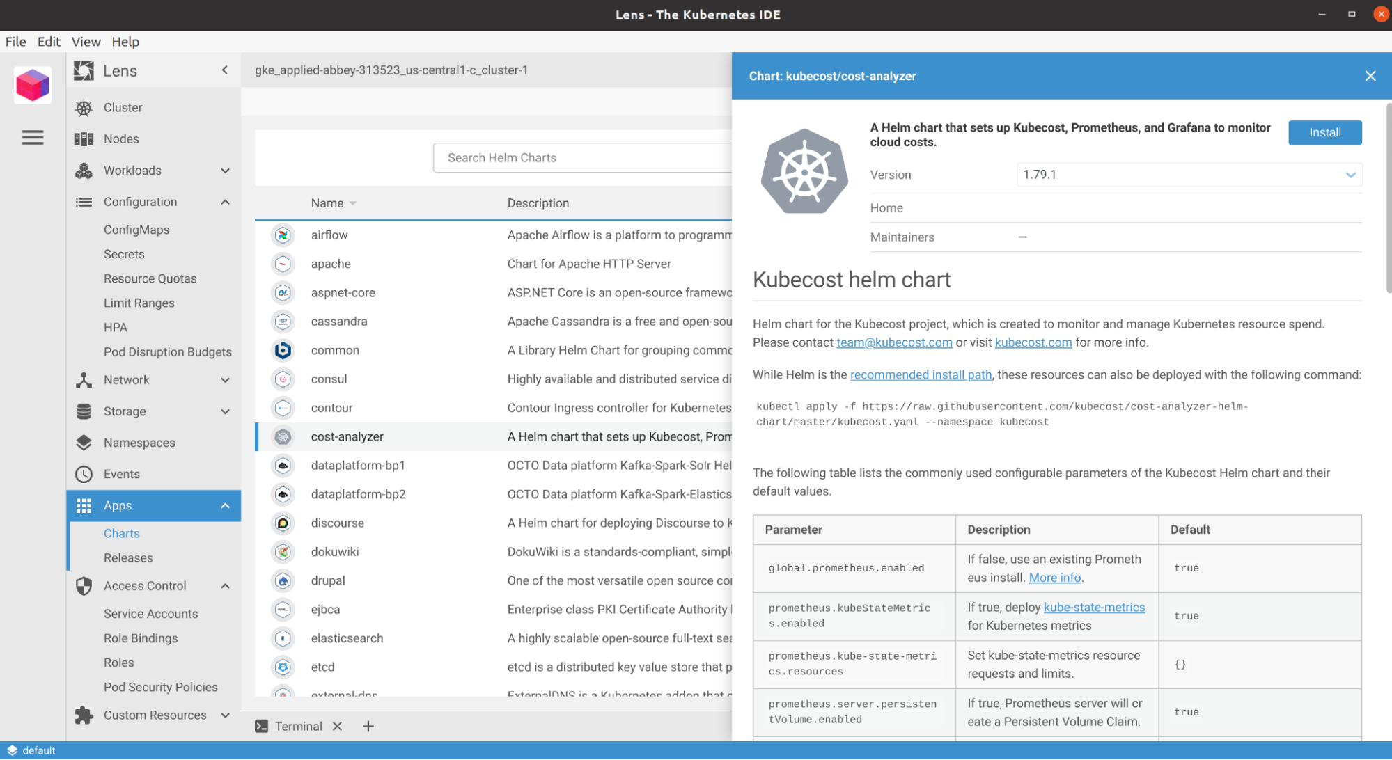 Find Kubecost from the Lens Apps directory