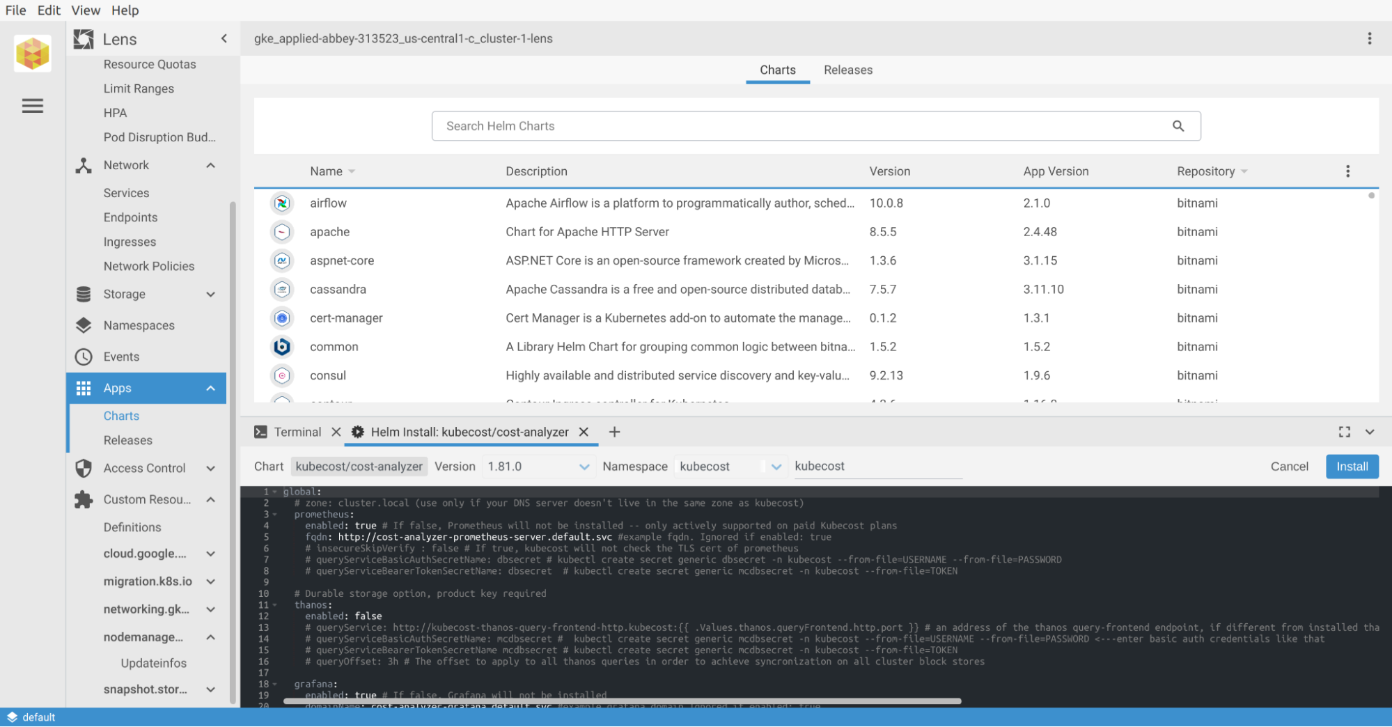 Install Kubecost in the kubecost namespace