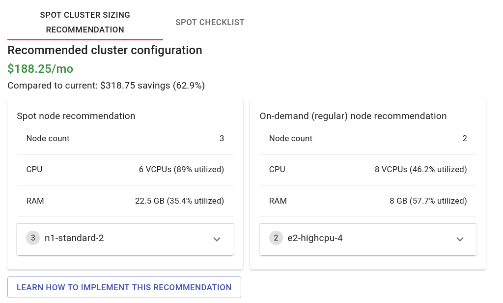 screenshot of spot cluster sizing web UI