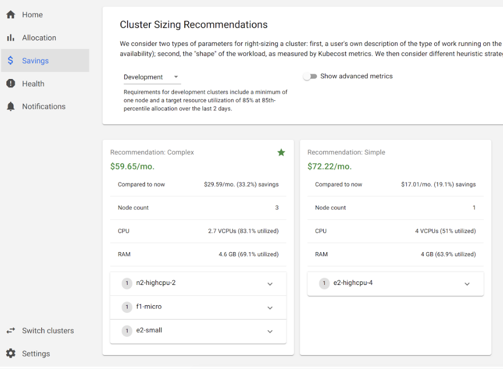 cluster right-sizing recommendations