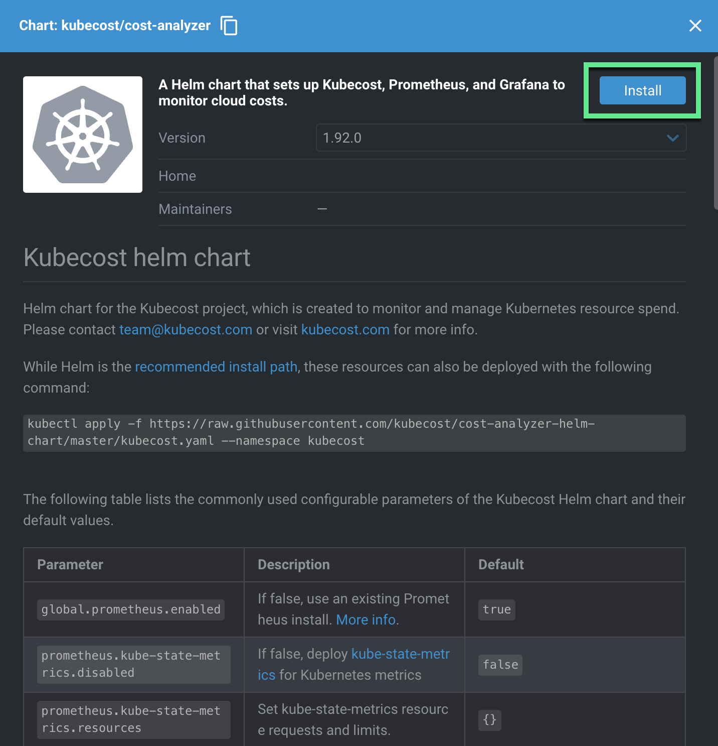 View Kubecost chart information