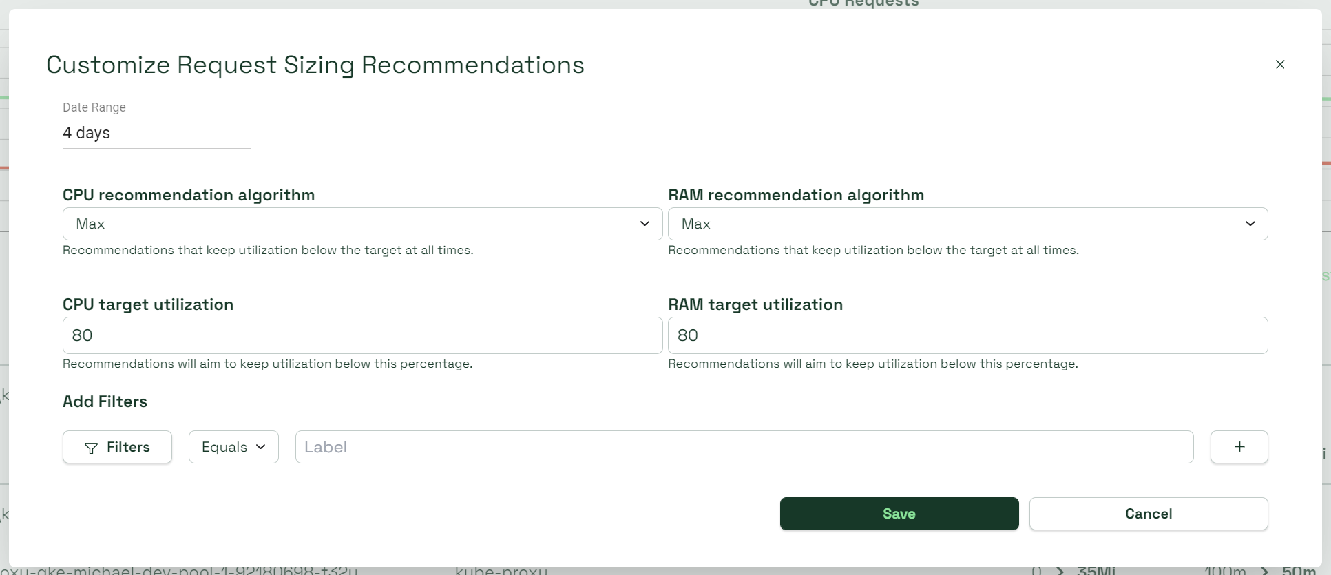 Request right-sizing recommendations page